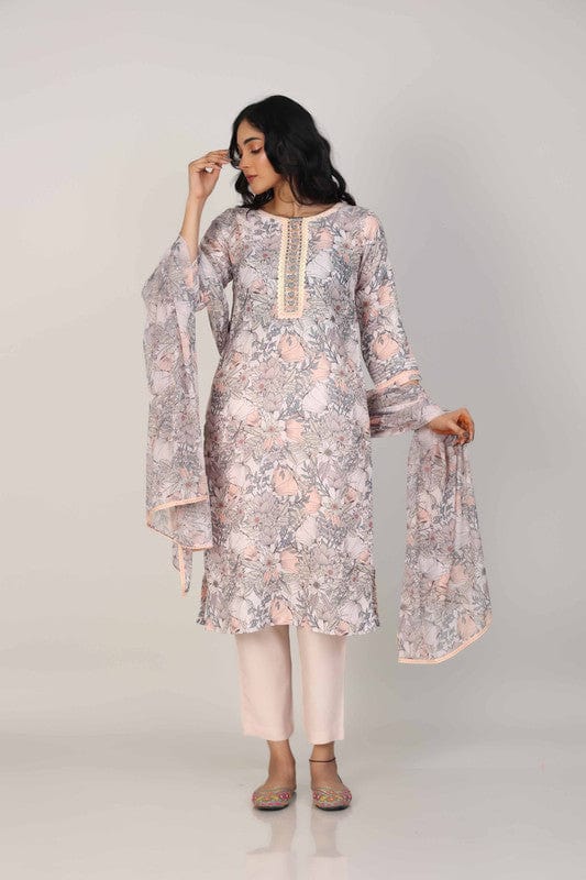 Peach 3/4th Sleeves Linen All over print and Neck placket Calf length Kurta Set - With Dupatta