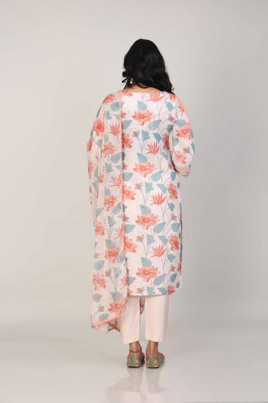 Light Peach 3/4th Sleeves Linen All over print floral Calf length Kurta Set - With Dupatta