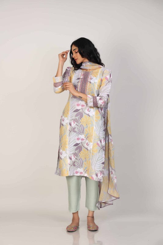 Pastel Green 3/4th Sleeves Linen All over print and Neck placket Calf length Kurta Set - With Dupatta
