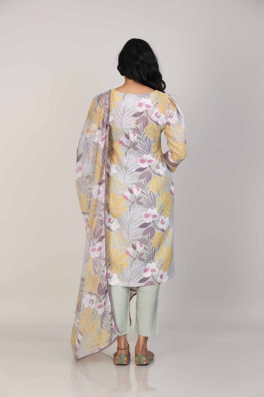 Pastel Green 3/4th Sleeves Linen All over print and Neck placket Calf length Kurta Set - With Dupatta