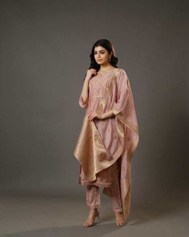 Peach 3/4th Sleeves Chanderi Traditional Motifs Calf Length Kurta Set - With Dupatta