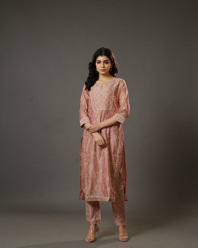Peach 3/4th Sleeves Chanderi Traditional Motifs Calf Length Kurta Set - With Dupatta