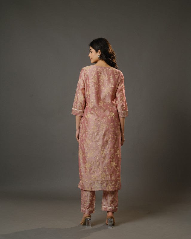 Peach 3/4th Sleeves Chanderi Traditional Motifs Calf Length Kurta Set - With Dupatta