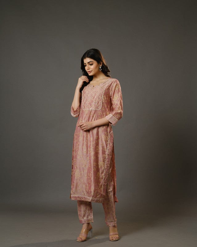 Peach 3/4th Sleeves Chanderi Traditional Motifs Calf Length Kurta Set - With Dupatta