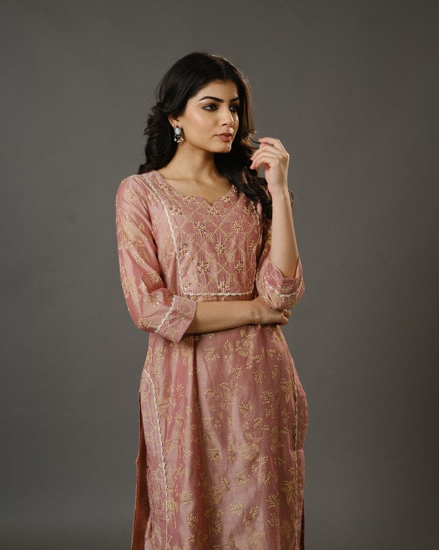 Peach 3/4th Sleeves Chanderi Traditional Motifs Calf Length Kurta Set - With Dupatta