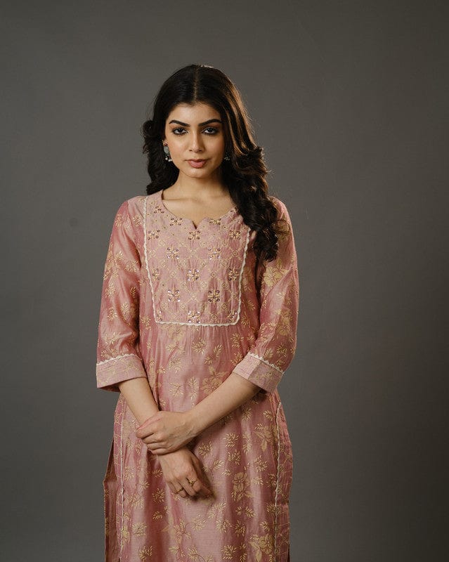 Peach 3/4th Sleeves Chanderi Traditional Motifs Calf Length Kurta Set - With Dupatta