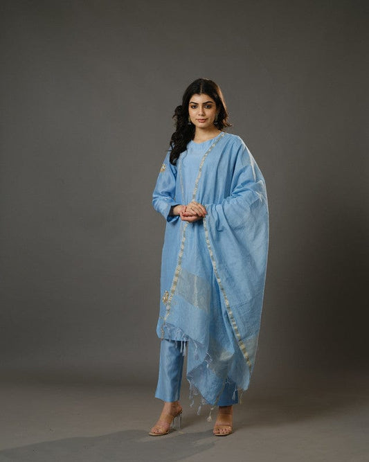 Aqua Blue Full Sleeves Cotton Silk Gold Thread Work Calf Length Kurta Set - With Dupatta