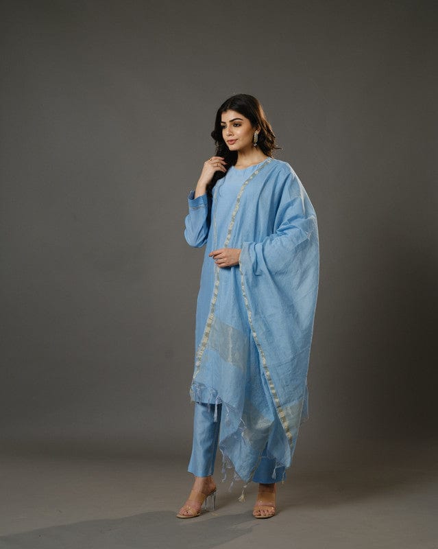 Aqua Blue Full Sleeves Cotton Silk Gold Thread Work Calf Length Kurta Set - With Dupatta