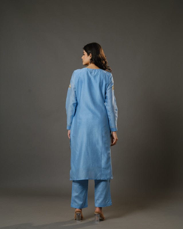 Aqua Blue Full Sleeves Cotton Silk Gold Thread Work Calf Length Kurta Set - With Dupatta
