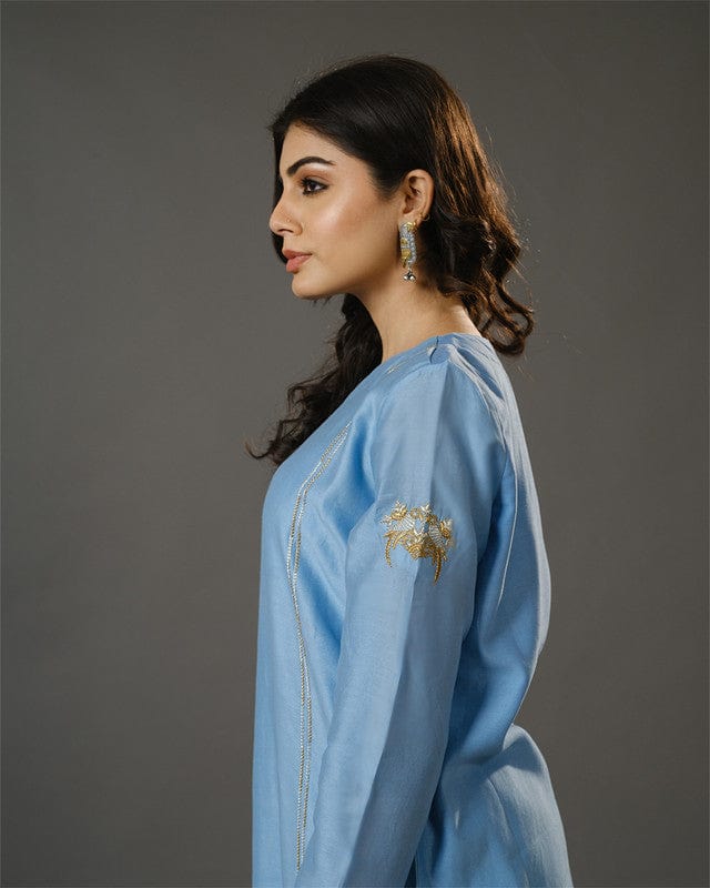 Aqua Blue Full Sleeves Cotton Silk Gold Thread Work Calf Length Kurta Set - With Dupatta