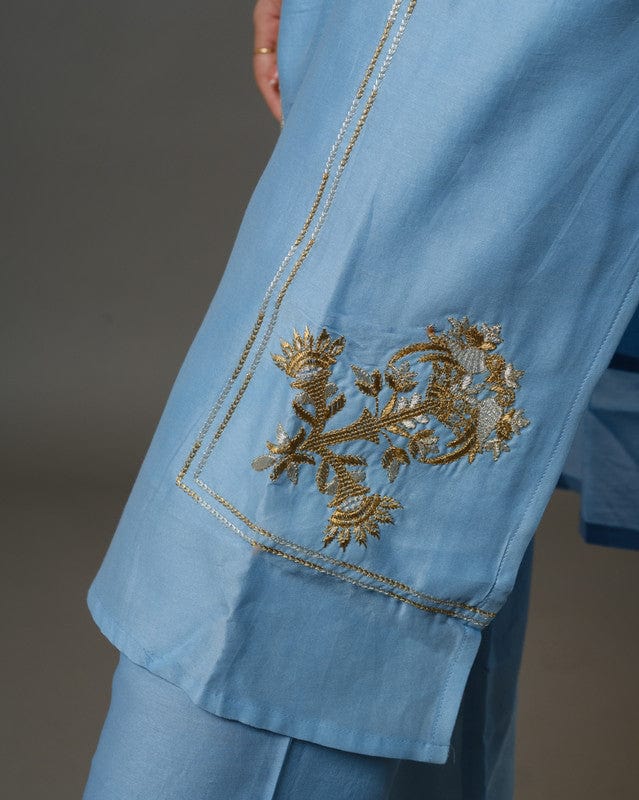Aqua Blue Full Sleeves Cotton Silk Gold Thread Work Calf Length Kurta Set - With Dupatta