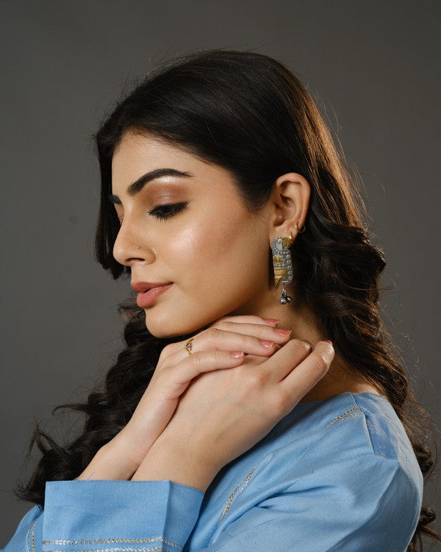 Aqua Blue Full Sleeves Cotton Silk Gold Thread Work Calf Length Kurta Set - With Dupatta