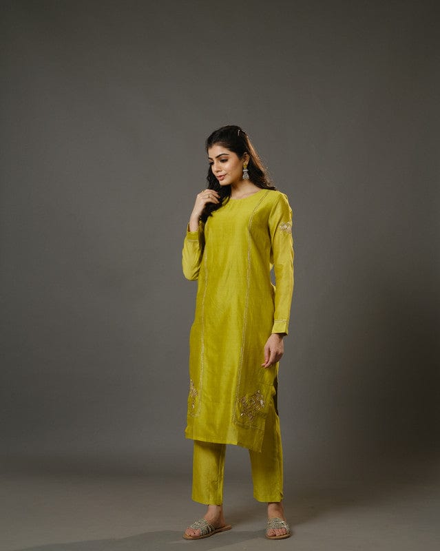 Lime Green Full Sleeves Cotton Silk Gold Thread Work Calf Length Kurta Set - With Dupatta