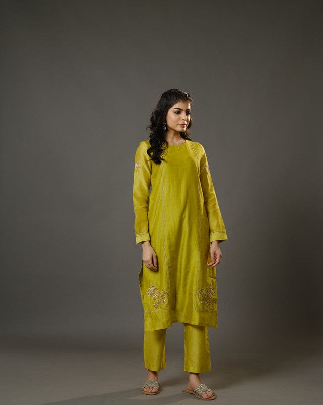 Lime Green Full Sleeves Cotton Silk Gold Thread Work Calf Length Kurta Set - With Dupatta
