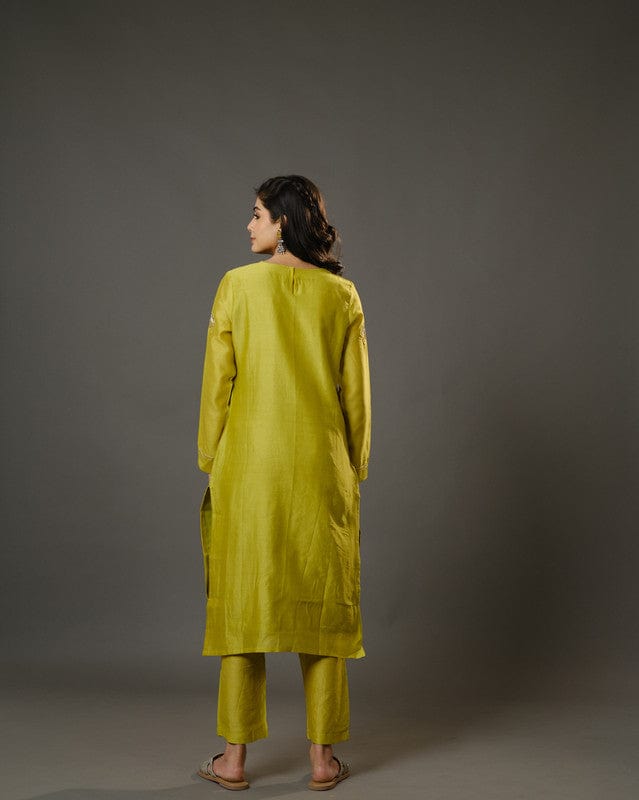 Lime Green Full Sleeves Cotton Silk Gold Thread Work Calf Length Kurta Set - With Dupatta