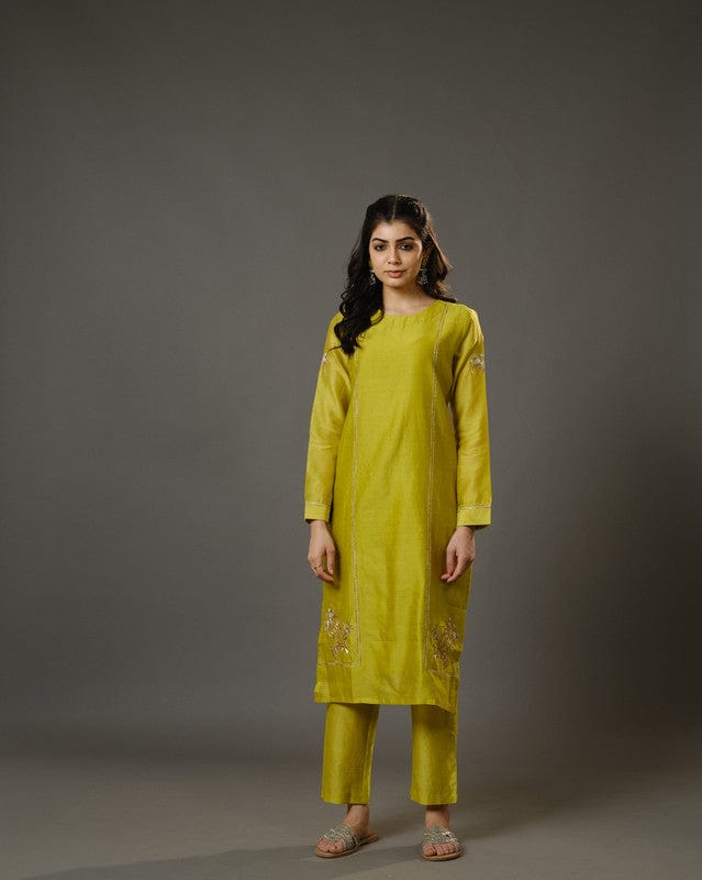 Lime Green Full Sleeves Cotton Silk Gold Thread Work Calf Length Kurta Set - With Dupatta