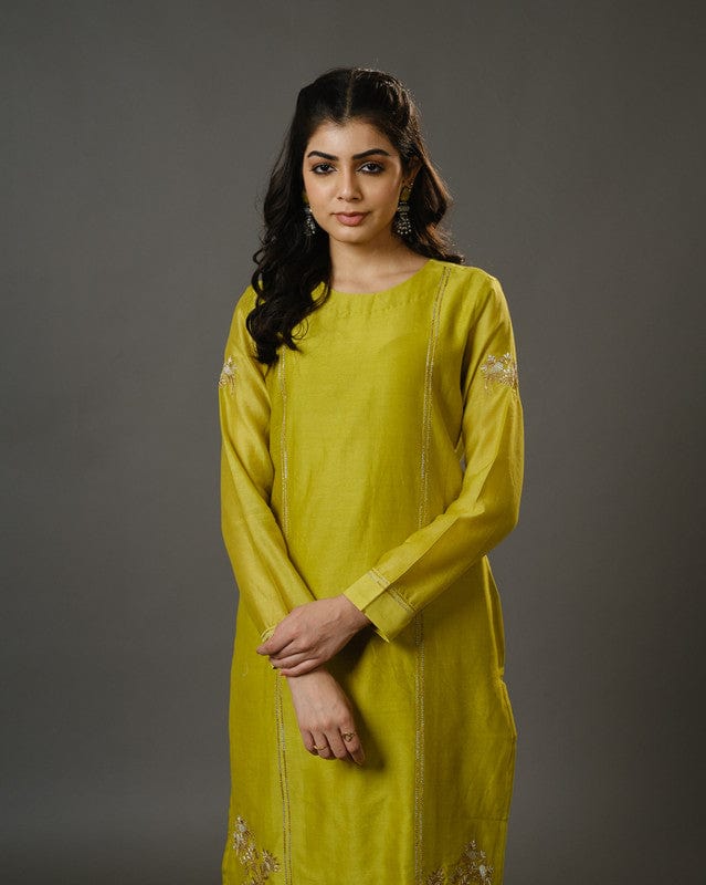 Lime Green Full Sleeves Cotton Silk Gold Thread Work Calf Length Kurta Set - With Dupatta