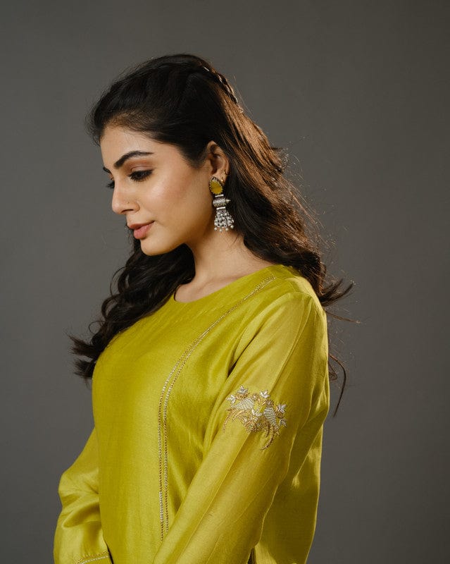 Lime Green Full Sleeves Cotton Silk Gold Thread Work Calf Length Kurta Set - With Dupatta