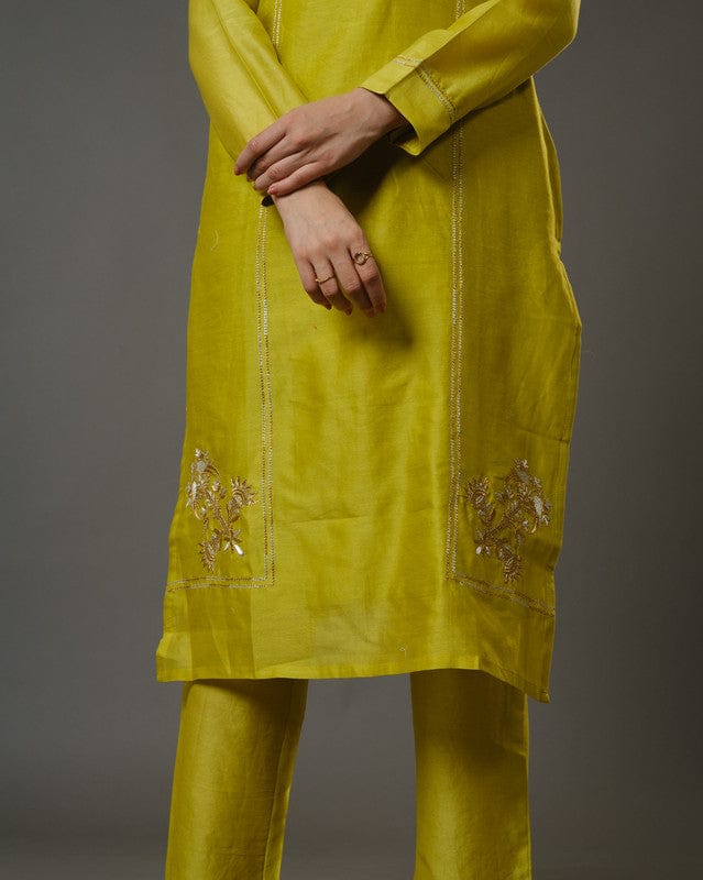 Lime Green Full Sleeves Cotton Silk Gold Thread Work Calf Length Kurta Set - With Dupatta