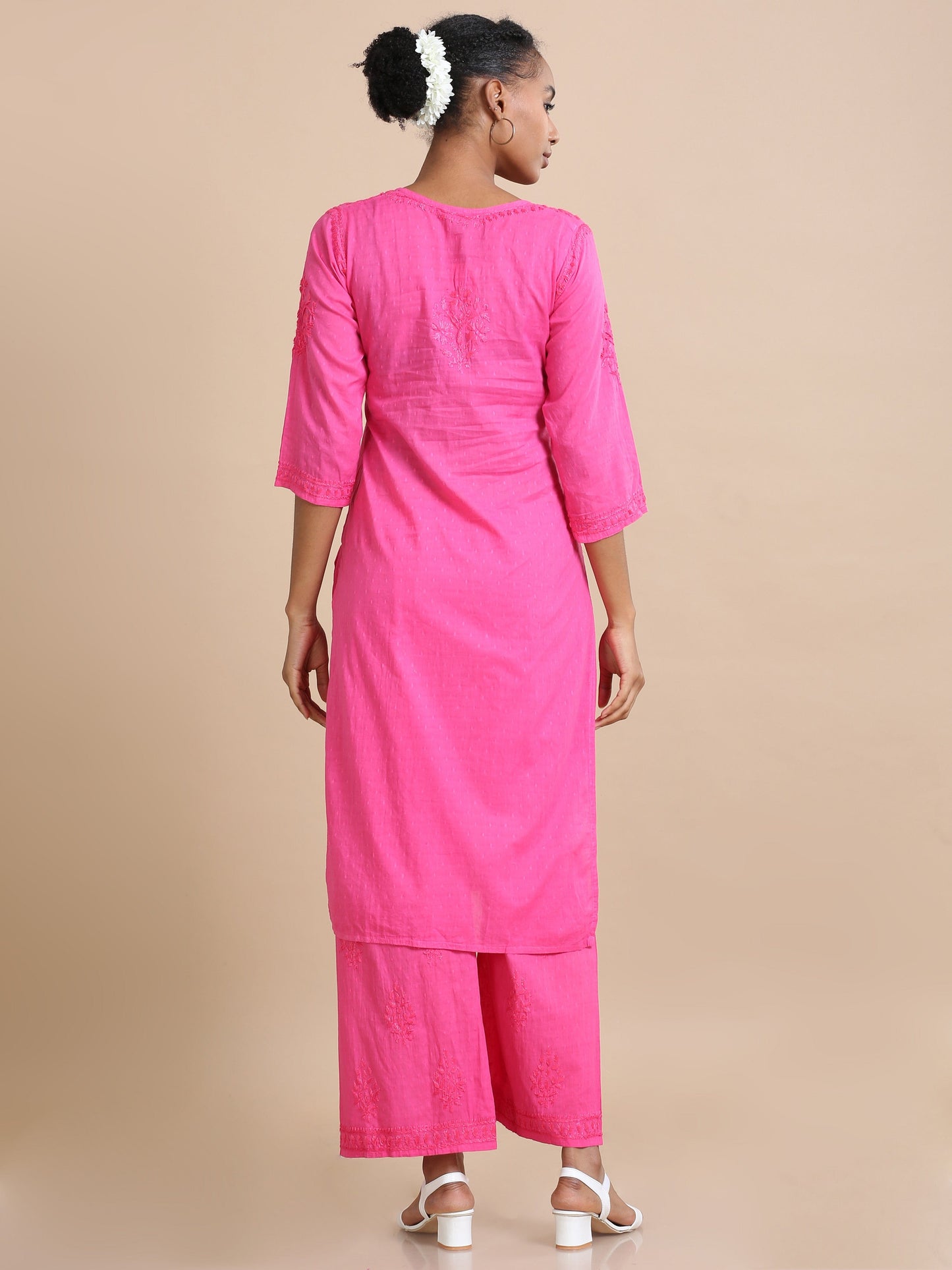 Pink 3/4th sleeves Cotton dobby Thread work Regular fit Calf length Kurta Set - Without Dupatta