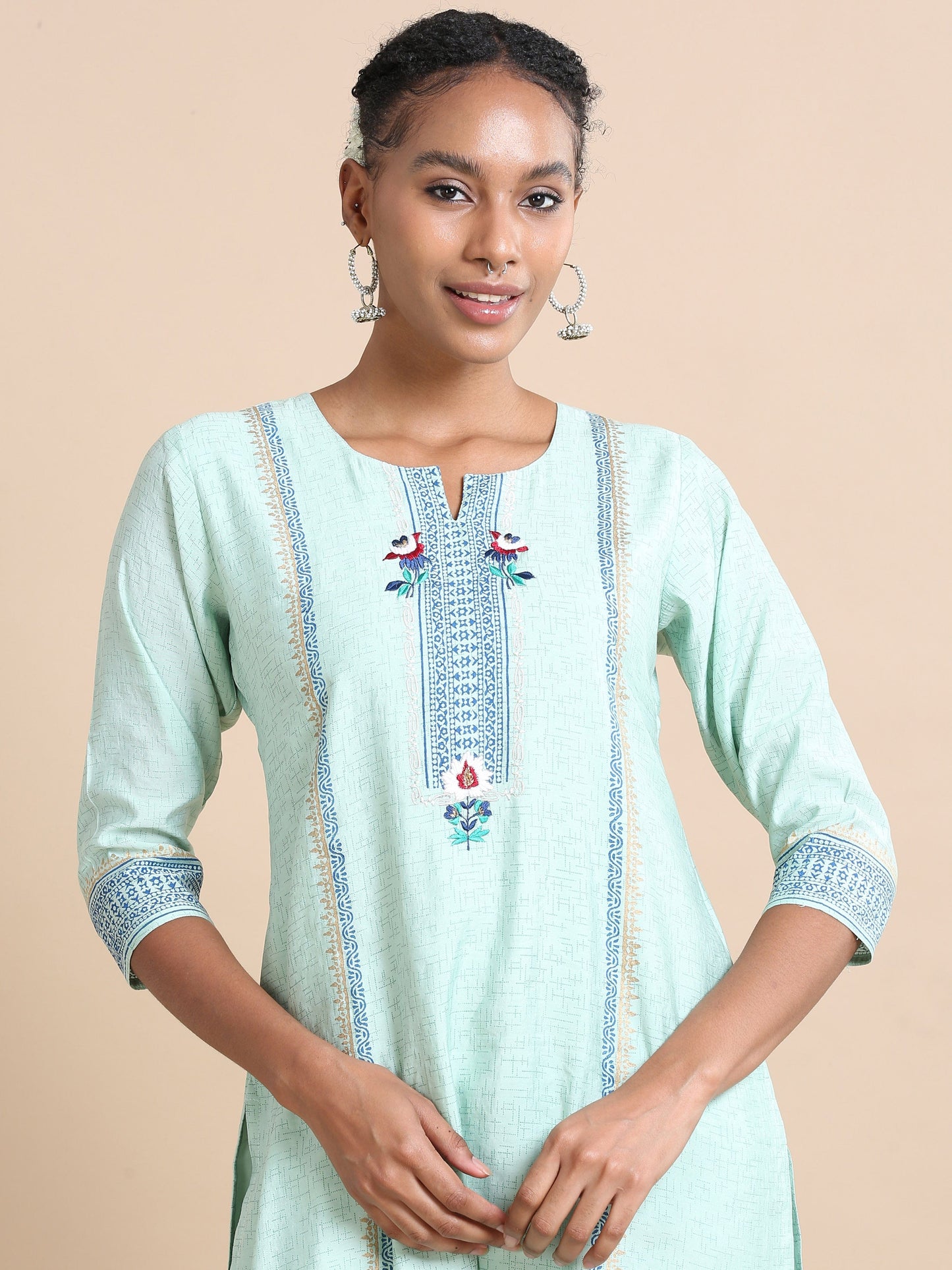 Green 3/4th sleeves Chanderi silk Block print and thread work Regular fit Calf length Kurta Set - With Dupatta