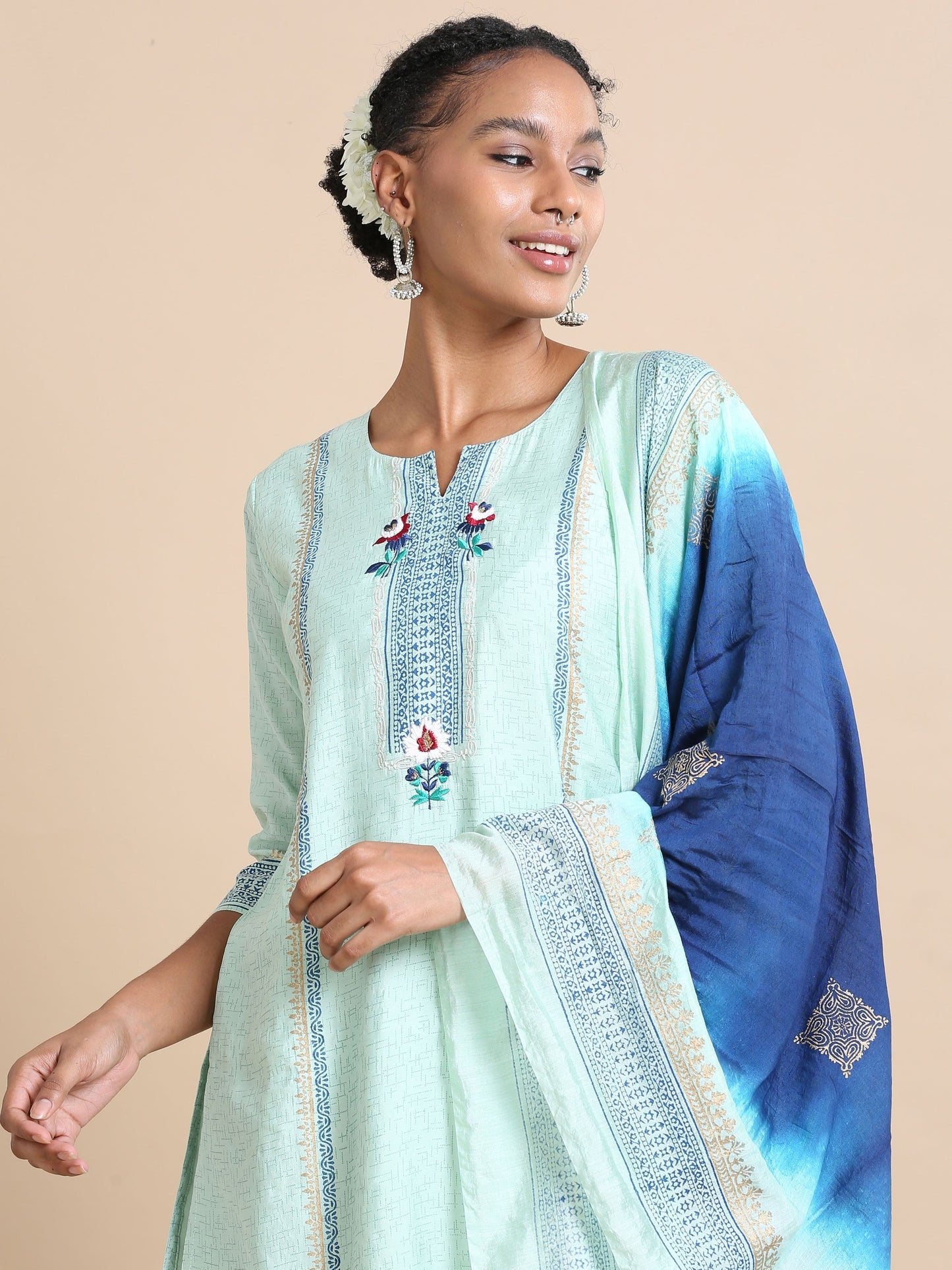 Green 3/4th sleeves Chanderi silk Block print and thread work Regular fit Calf length Kurta Set - With Dupatta