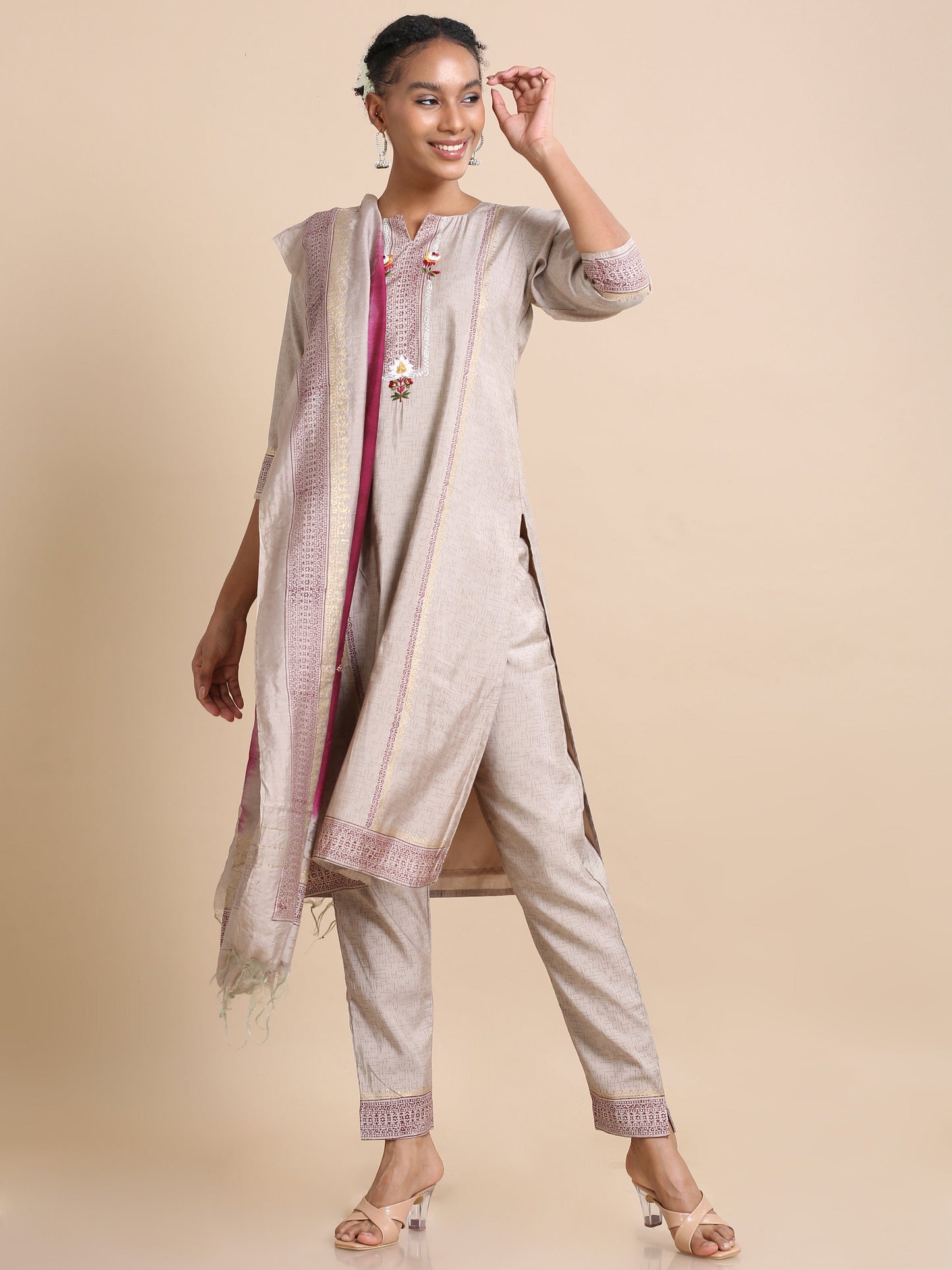 Light Brown 3/4th sleeves Chanderi silk Block print and thread work Regular fit Calf length Kurta Set - With Dupatta