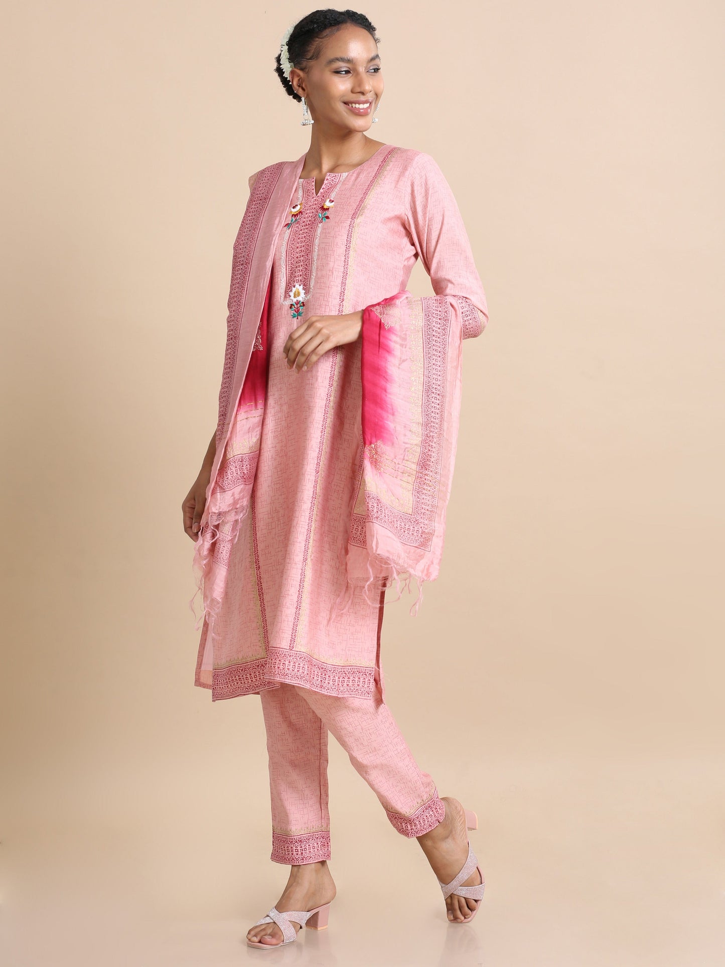 Pink 3/4th sleeves Chanderi silk Block print and thread work Regular fit Calf length Kurta Set - With Dupatta
