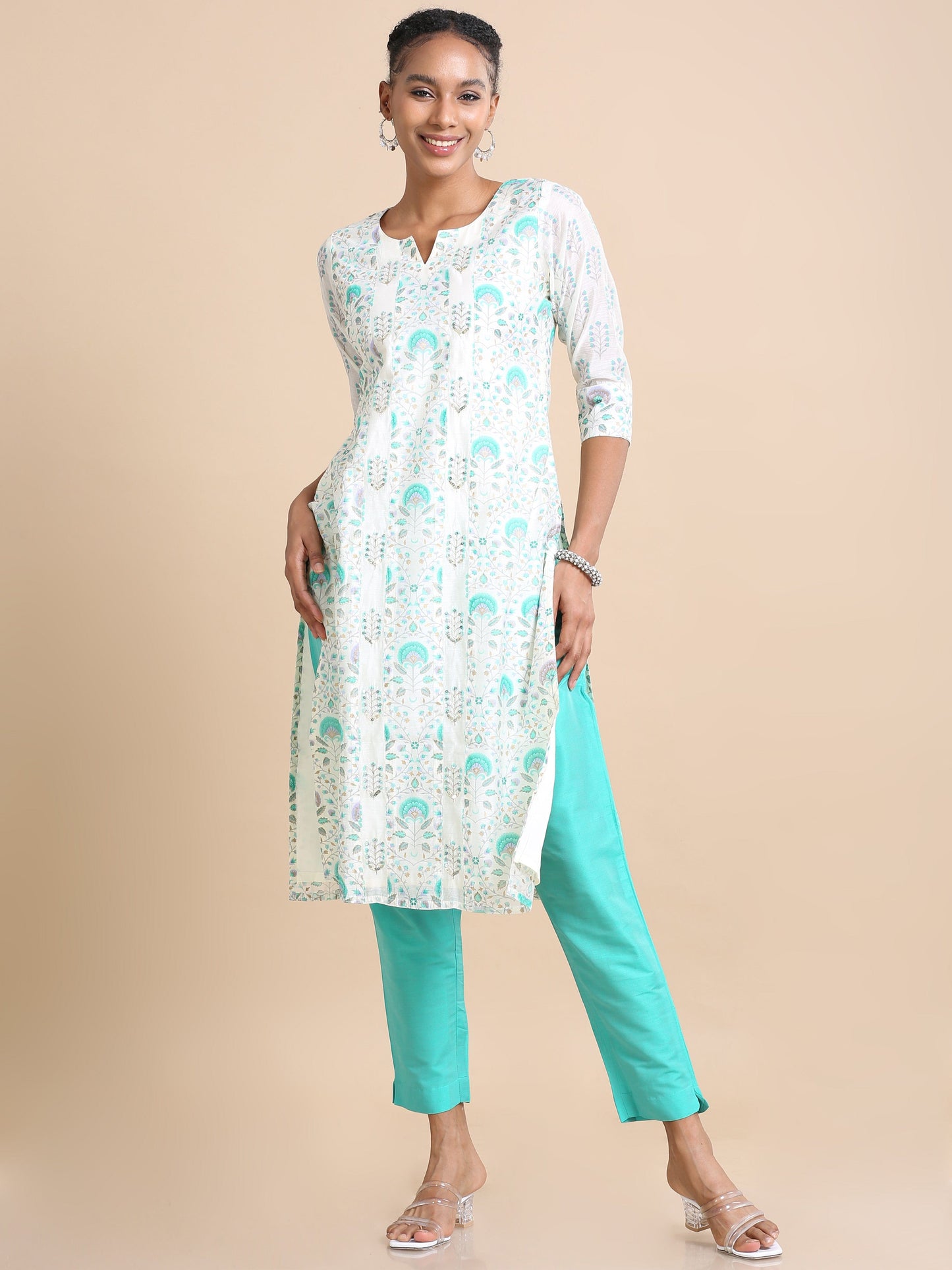 Green 3/4th sleeves Chanderi Floral print Regular fit Calf length Kurta Set - With Dupatta