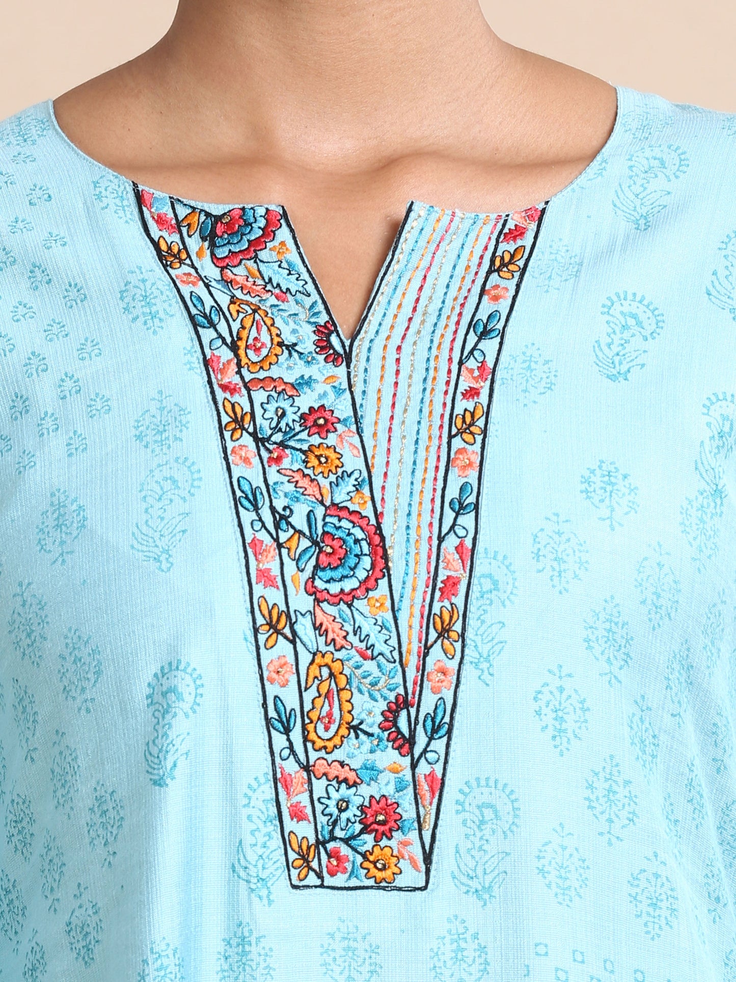 Blue 3/4th sleeves Chanderi Block print Regular fit Calf length Kurta Set - With Dupatta