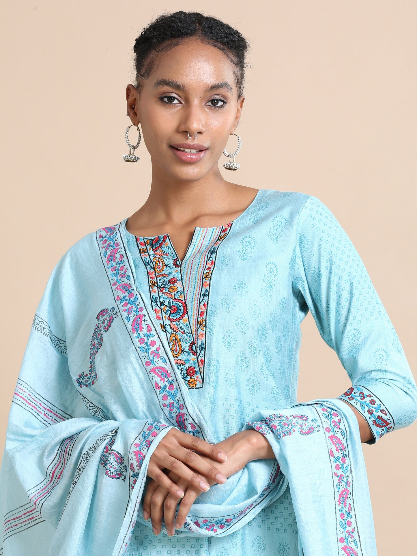 Blue 3/4th sleeves Chanderi Block print Regular fit Calf length Kurta Set - With Dupatta