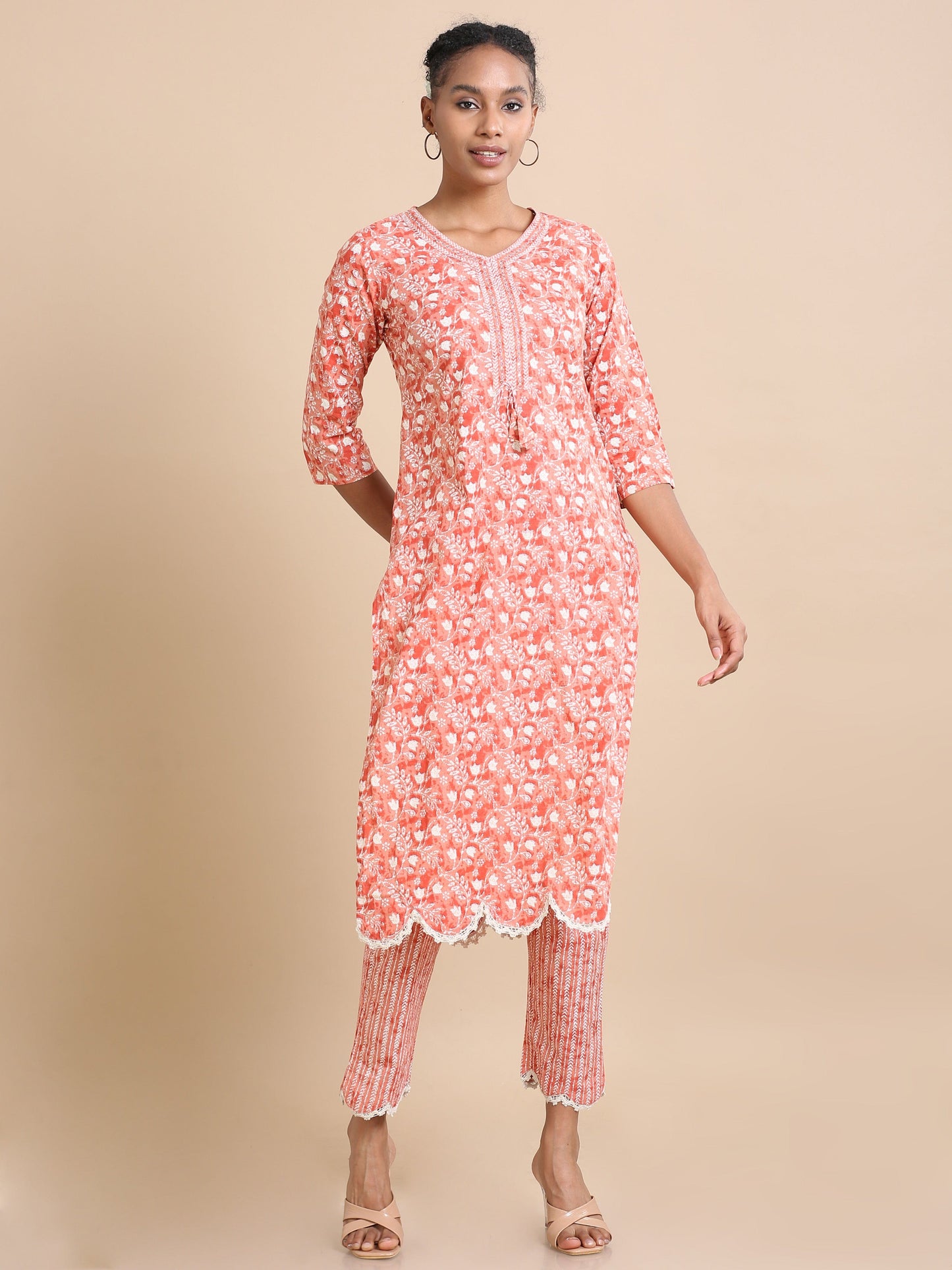 Brick 3/4th sleeves Cotton Floral print Regular fit Calf length Kurta Set - With Dupatta