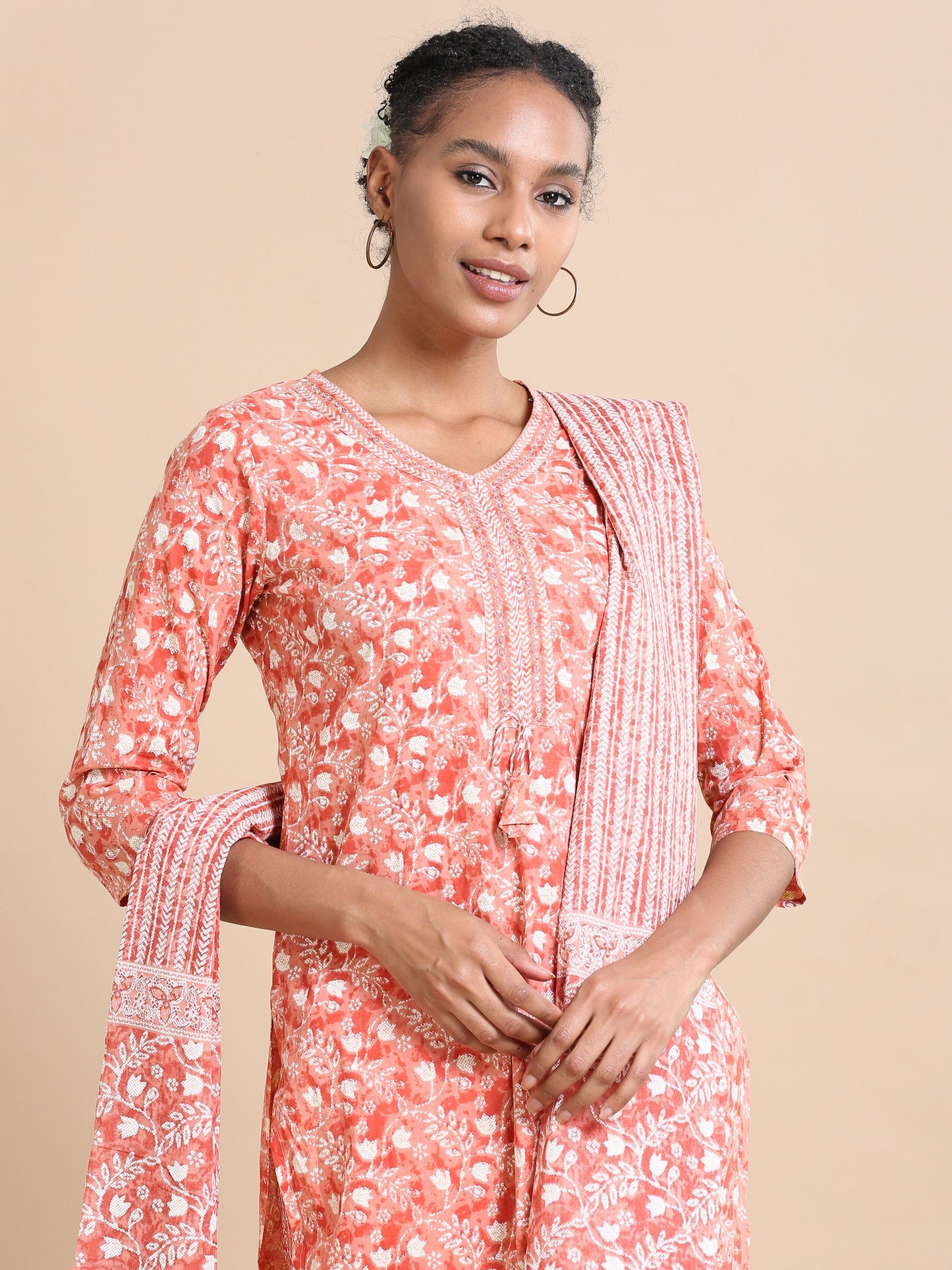 Brick 3/4th sleeves Cotton Floral print Regular fit Calf length Kurta Set - With Dupatta