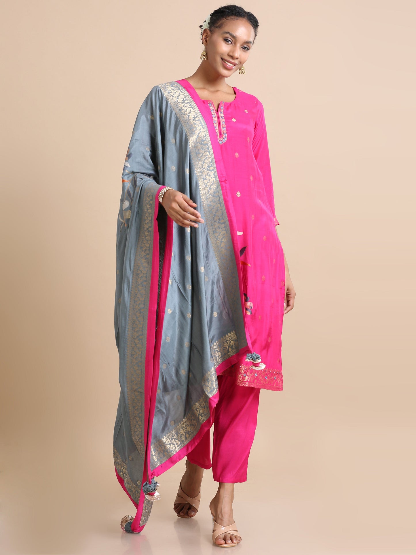 Pink 3/4th sleeves Silk Floral print Regular fit Calf length Kurta Set - With Dupatta