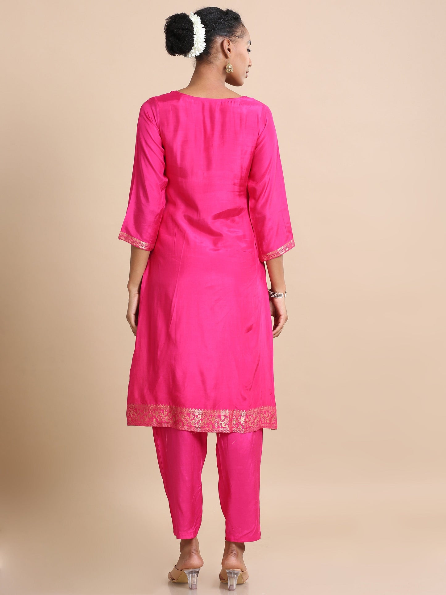 Pink 3/4th sleeves Silk Floral print Regular fit Calf length Kurta Set - With Dupatta