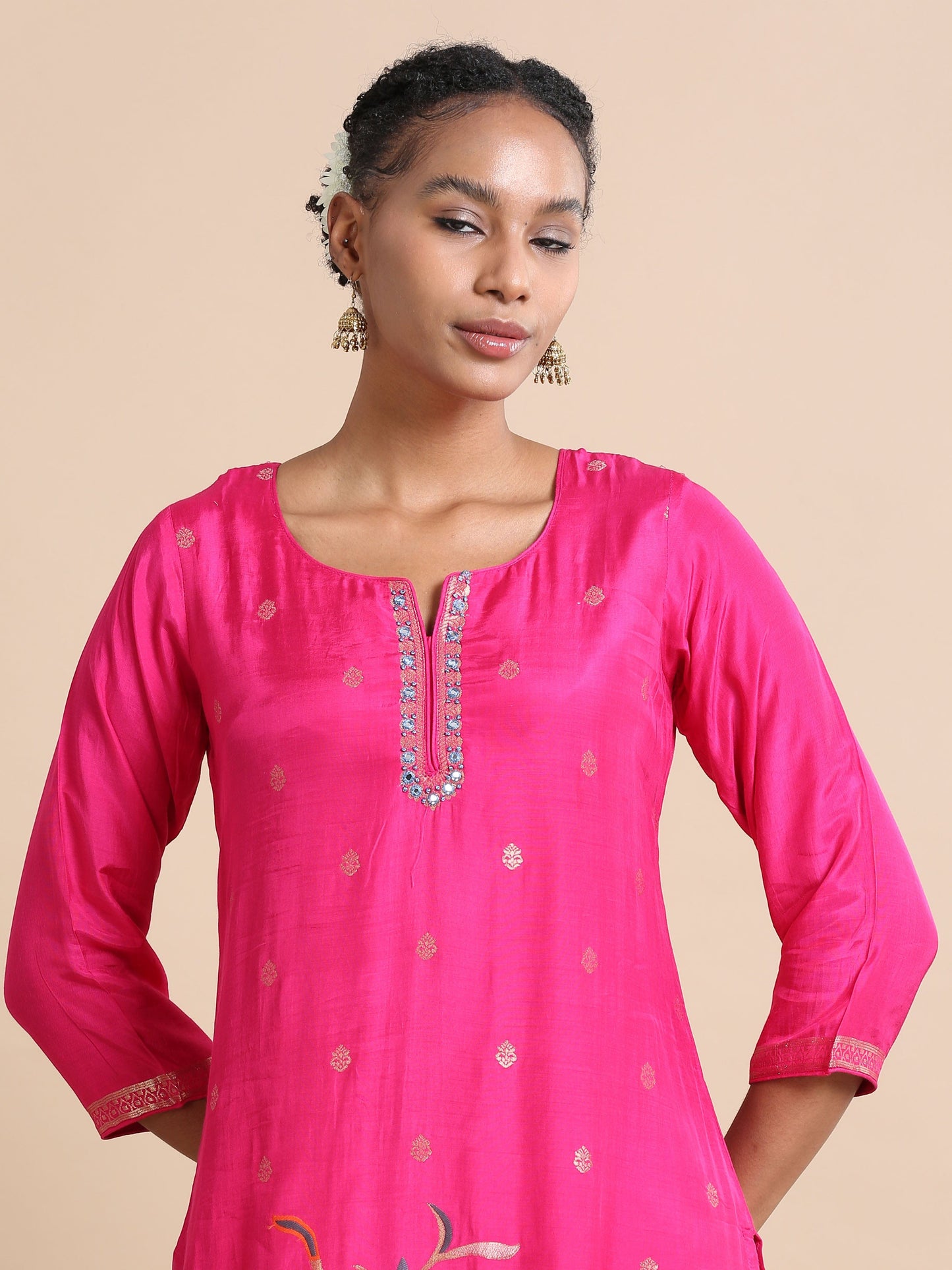 Pink 3/4th sleeves Silk Floral print Regular fit Calf length Kurta Set - With Dupatta