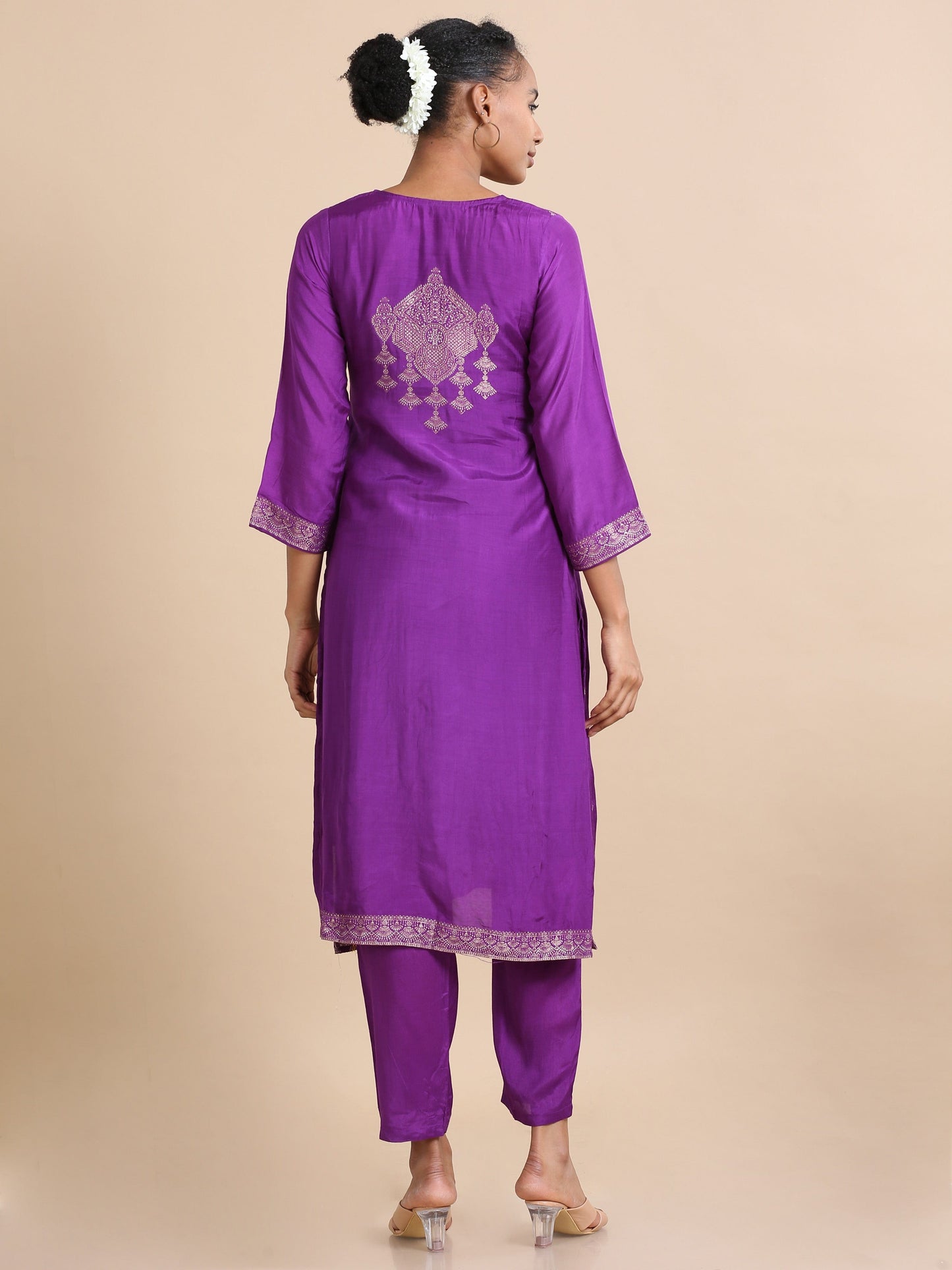 Purple Full sleeves Banaras silk Banaras Regular fit Calf length Kurta Set - With Dupatta