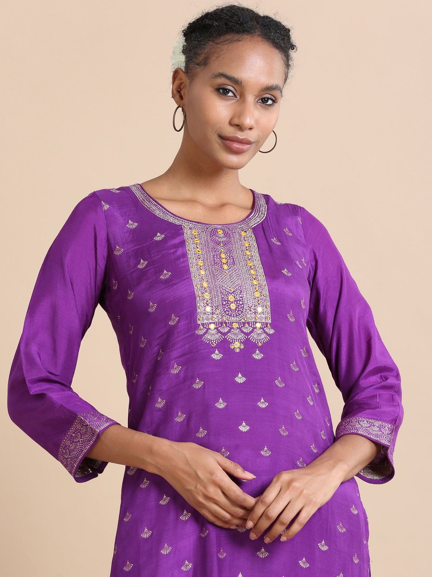 Purple Full sleeves Banaras silk Banaras Regular fit Calf length Kurta Set - With Dupatta