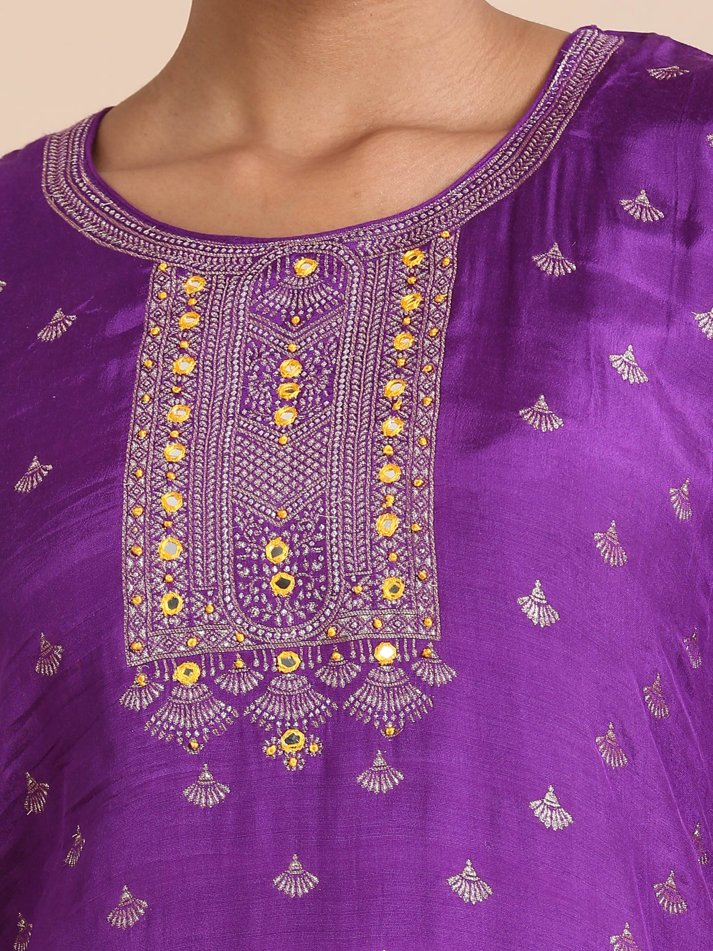 Purple Full sleeves Banaras silk Banaras Regular fit Calf length Kurta Set - With Dupatta