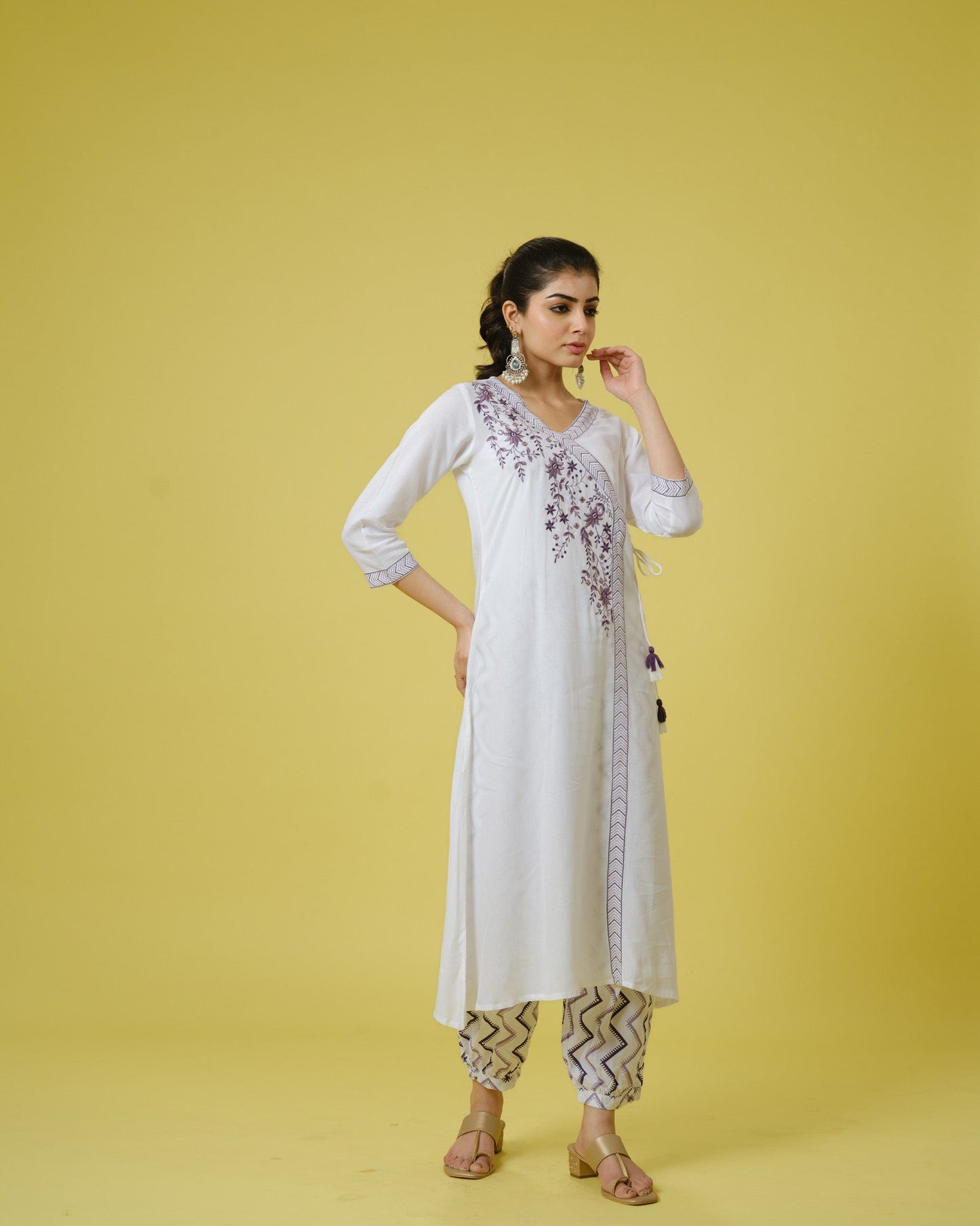 Purple 3/4th Sleeves Cotton Cambric Floral Machine Embroidery Calf Length Kurta Set - With Dupatta