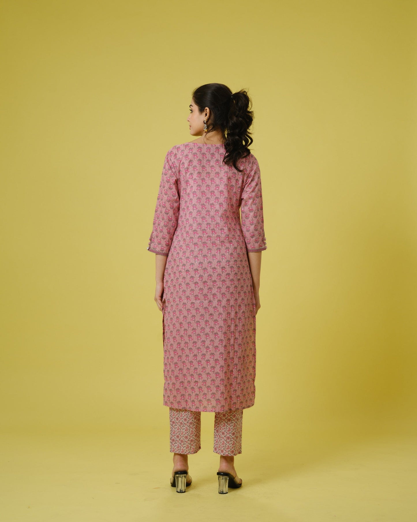 Onion Pink 3/4th Sleeves Cotton Cambric Floral Print Calf Length Kurta Set - With Dupatta