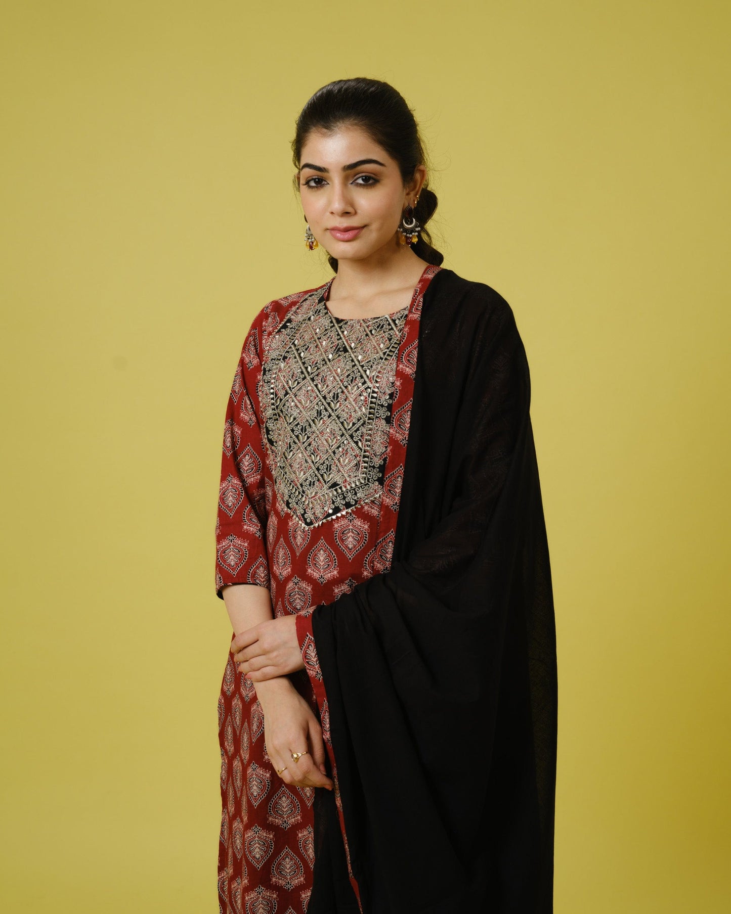 Red 3/4th Sleeves Cotton Cambric Traditional Motifs Calf Length Kurta Set - With Dupatta