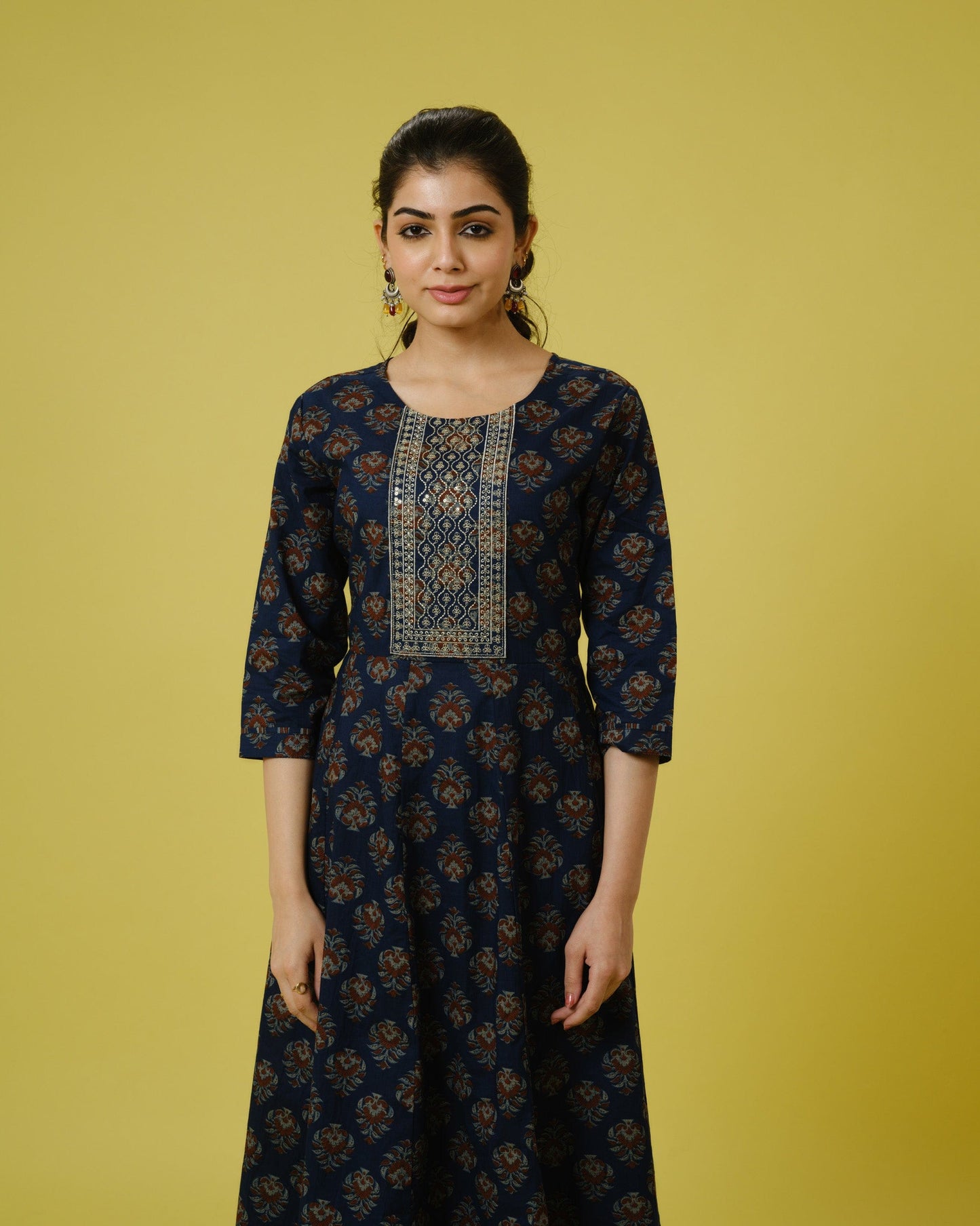 Navy Blue 3/4th Sleeves Cotton Traditional Motifs Calf Length Kurta Set - With Dupatta
