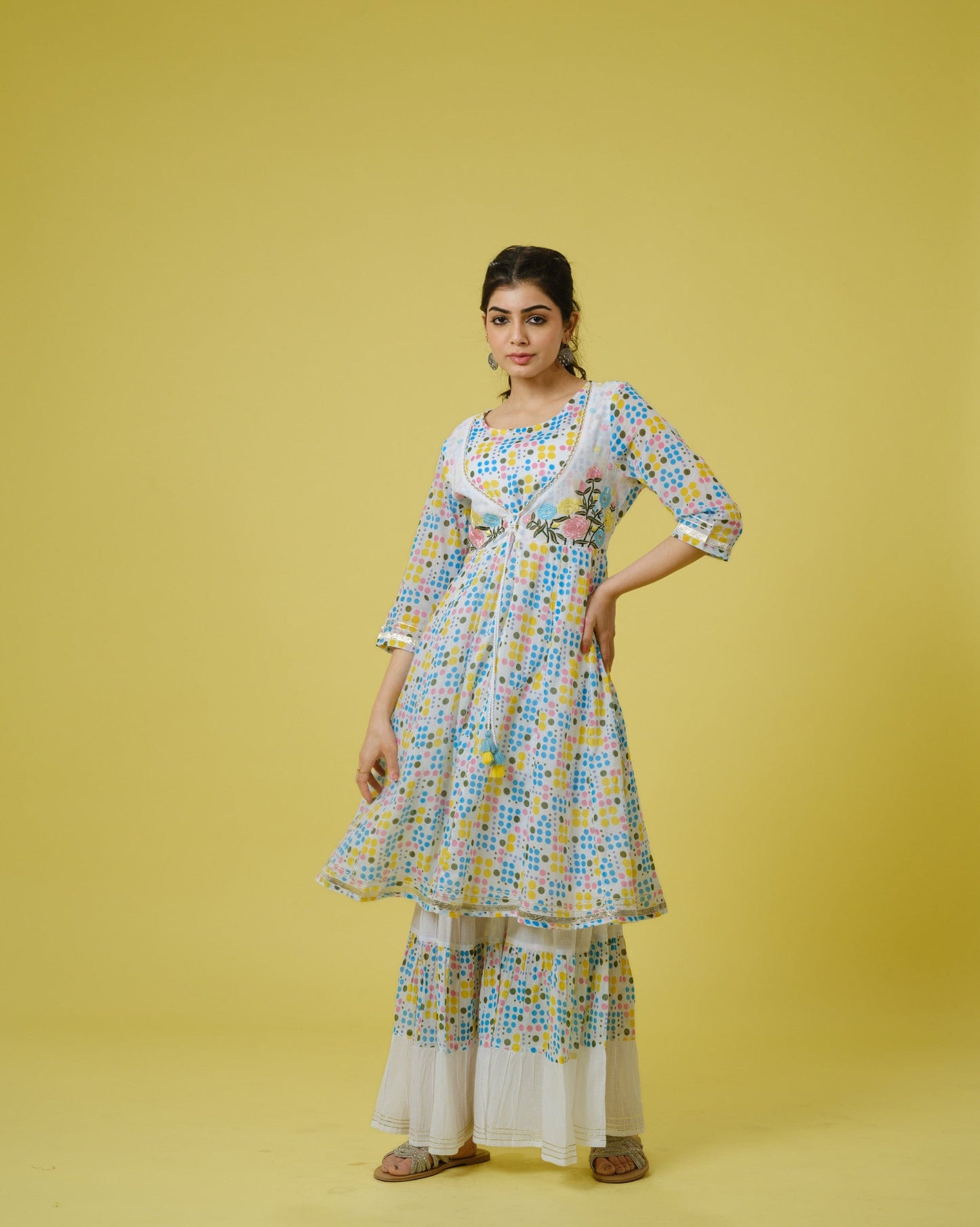 Multi Colour 3/4th Sleeves Cotton Polka Dots Knee Length Kurta Set - With Dupatta