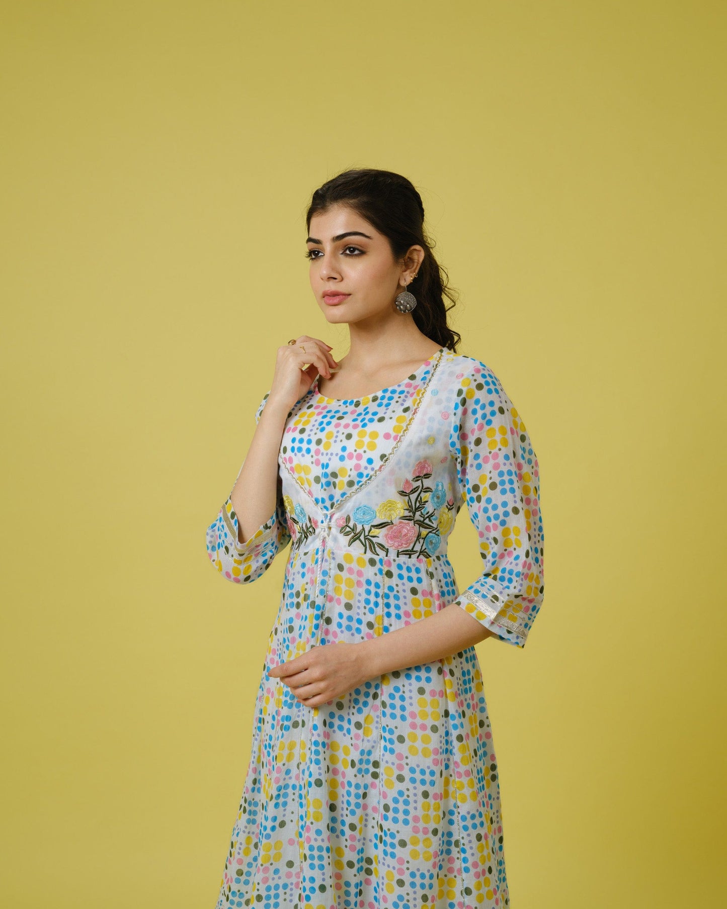 Multi Colour 3/4th Sleeves Cotton Polka Dots Knee Length Kurta Set - With Dupatta