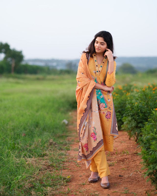 Mustard 3/4th Slevees Cotton Floral Calf Length Kurta Set - With Dupatta