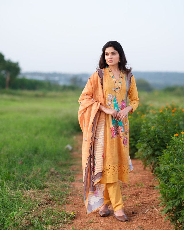Mustard 3/4th Slevees Cotton Floral Calf Length Kurta Set - With Dupatta