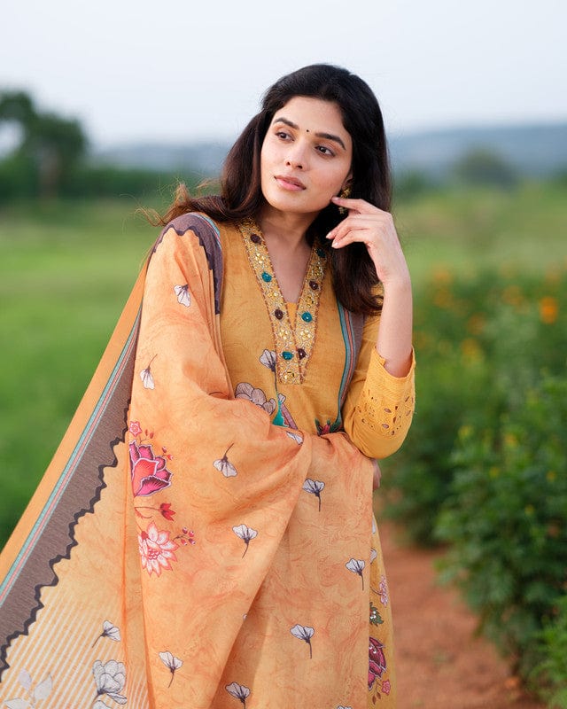 Mustard 3/4th Slevees Cotton Floral Calf Length Kurta Set - With Dupatta