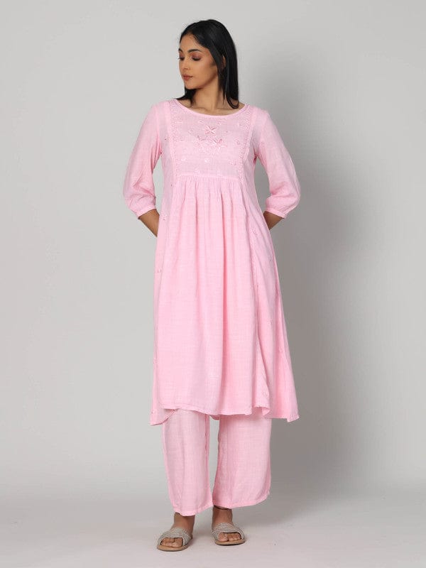 Pastel Pink 3/4th Sleeves Lenin Thread work Calf length Kurta Set - Without Dupatta