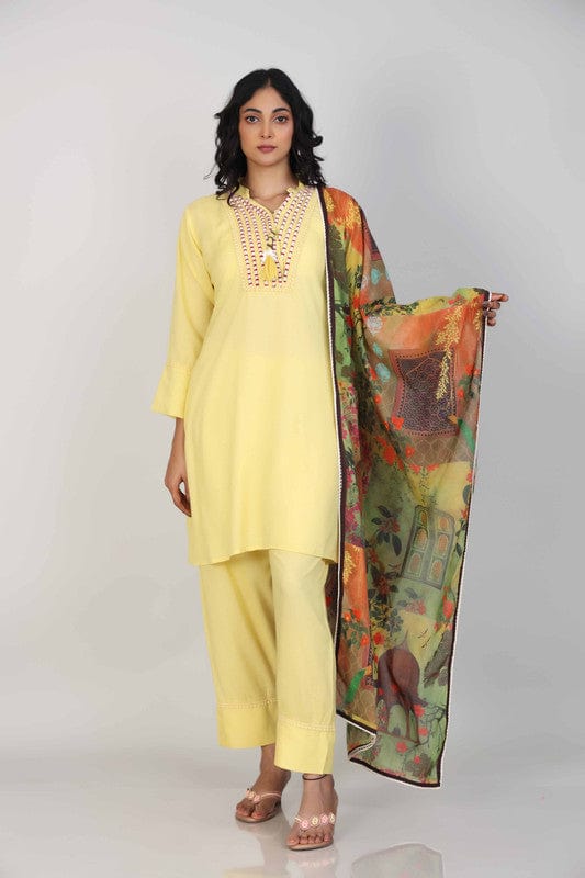 Yellow 3/4th Sleeves Cotton Lace and thread work Knee length Kurta Set - With Dupatta